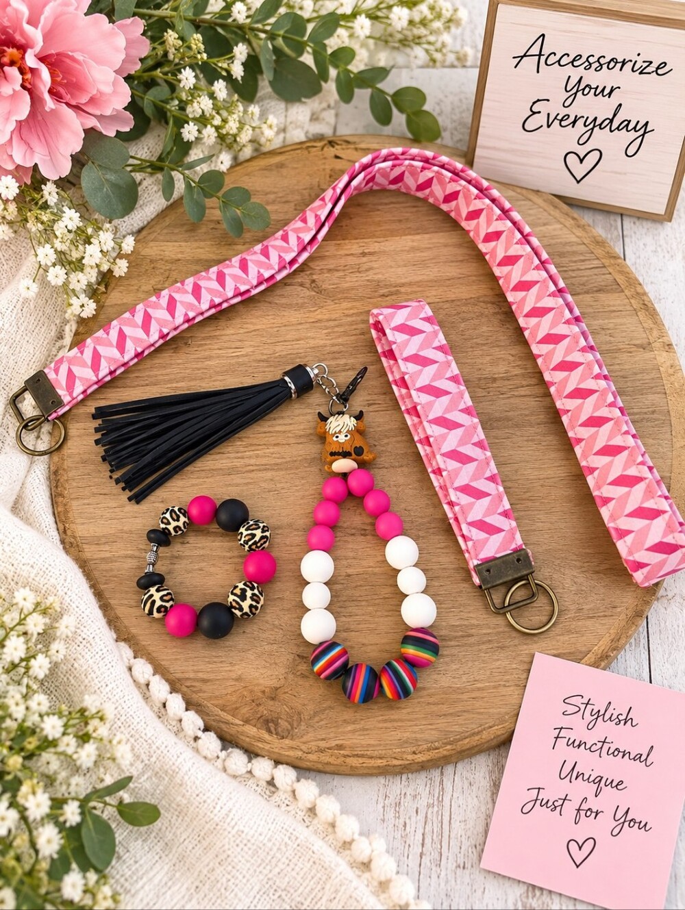 Pink Geometric Lanyard Set with Beaded Bracelet and Tassel Keychain